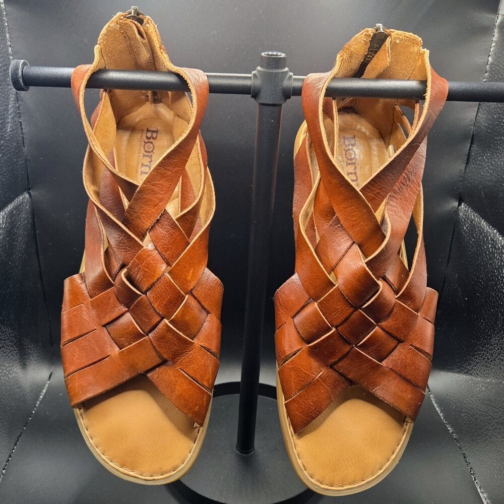 Born Iwa Brown Leather Woven Gladiator Sandals Comfort 10